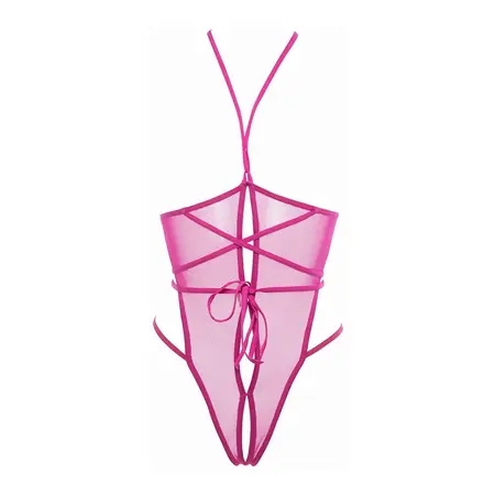 Nicola Teddy S/M Open Cup Mesh Bodysuit Hot Pink Adjustable Straps