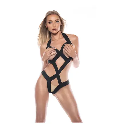Obsession Teddy Open Cup OS Black - Elegant Strappy Bodysuit