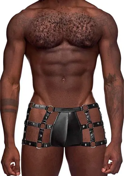 Male Power Vulcan Cut Out Cage Short L/XL Black - Studded Strap Design