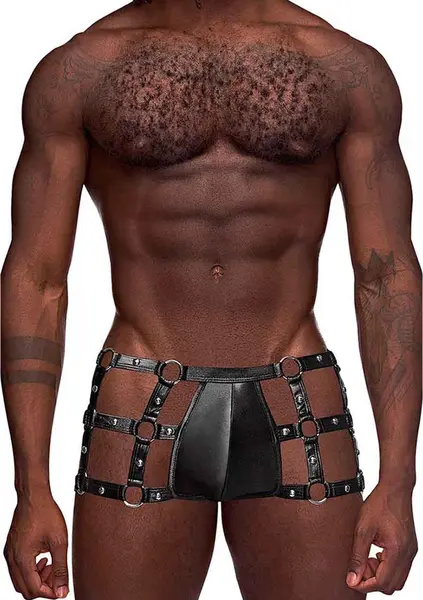 Male Power Vulcan Cut Out Cage Short L/XL Black - Studded Strap Design