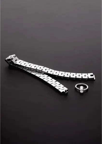 Ouch! Watchband Style Adjustable Collar with Gem Lock 43cm Black