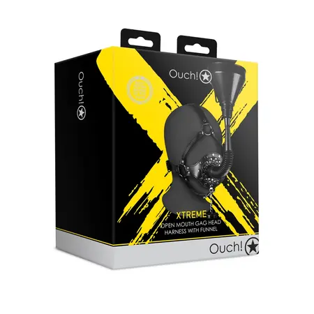Shots Open Mouth Gag Head Harness Black with Detachable Funnel System