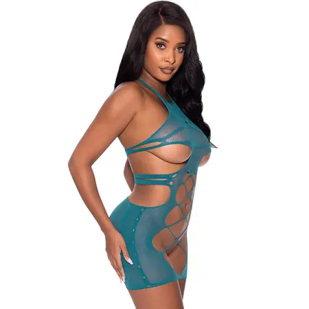 Magic Silk Bešavna Halter Mini Haljina One Size Teal Dizajn sa izrezima