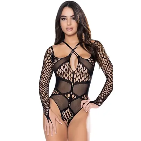 Magic Silk Seamless Teddy sa dugim rukavima Crna Jedna veličina, ukršteni detalj na vratu