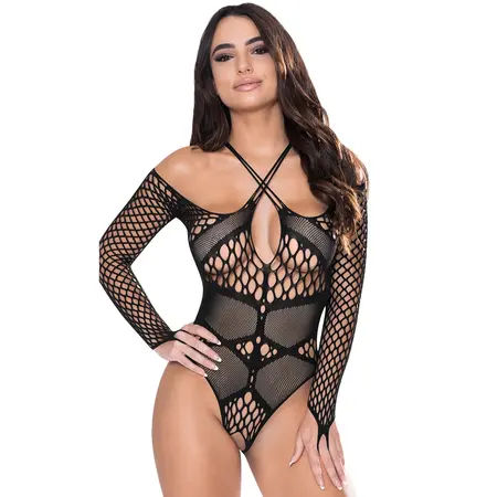 Magic Silk Seamless Teddy sa dugim rukavima Crna Jedna veličina, ukršteni detalj na vratu