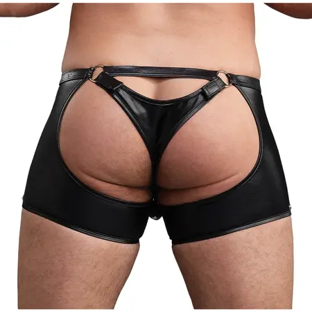 Male Power Poseidon L/XL Black Open Crotch & Back Shorts with Thong