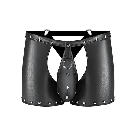Male Power Poseidon L/XL Black Open Crotch & Back Shorts with Thong