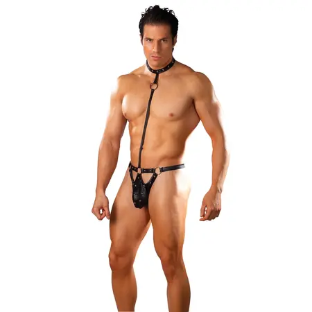 Male Power Tormentor Choker G-String S/M Black - Contour Panel Design