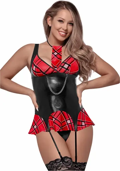 Magic Silk Dress Up Mini Dress S/M Red with Plaid Tie & Chain Detail