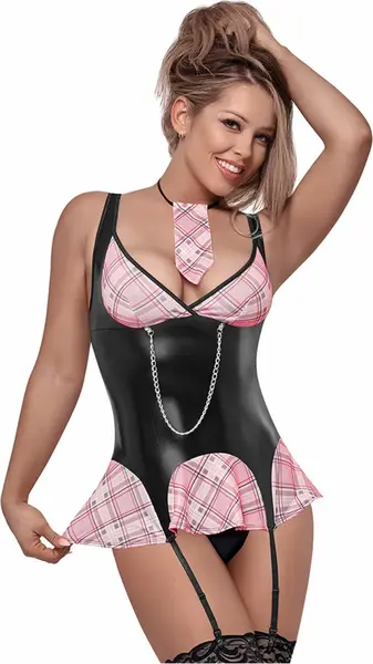Magic Silk Flirty Freshman Mini haljina set S/M Ružičasti karirani lančani detalj
