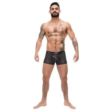 Male Power Zip It Short XL Black - Wet-Look with Diagonal Zip Detail