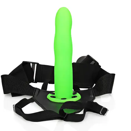 Ouch! Zakrivljeni šuplji strap-on 20 cm - svetli u mraku, podesivo pristajanje