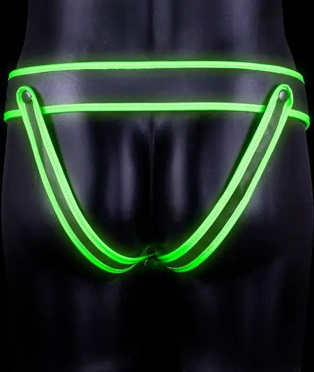 Ouch! Prugasti jockstrap S/M koji svetli u mraku - Fluorescentni zeleni akcenat