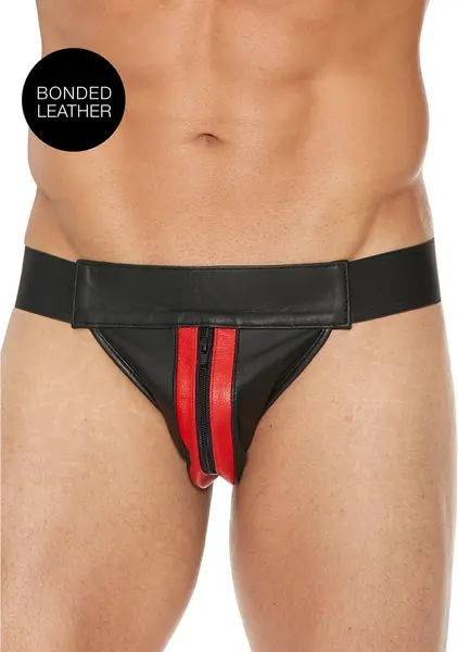 Saxos Leather Jockstrap S/M with Front Zip Black - Elastic Fit