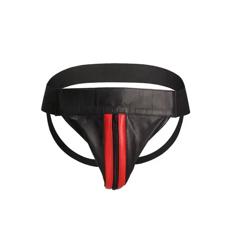 Saxos Leather Jockstrap S/M with Front Zip Black - Elastic Fit