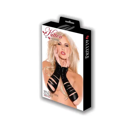 Wild Kitten Wetlook rukavice bez prstiju sa prorezima, crne, jedna veličina