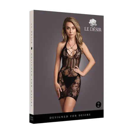 Shots Dress OS Black - Halterneck Lace & Fishnet Detail, Corset Style