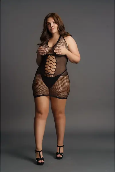 Peek-A-Boo Plus Size Visoki vrat Mrežasta haljina sa čipkom XXL-5XL