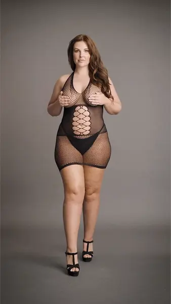 Peek-A-Boo Plus Size Visoki vrat Mrežasta haljina sa čipkom XXL-5XL