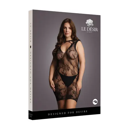 Rimba Plus Size High Neck Lace Pattern Mini Dress XXL-5XL Black