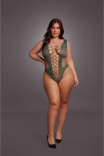 Obsessive Queen Size V-Izrez Intimni Bodysuit sa Neprozirnim Mrežastim Panelima