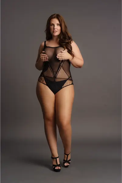 Leg Avenue Plus Size Kontrastni Mrežasti Teddy XXL-5XL Crni Mrežasti Dizajn