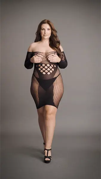 Pink Lipstick Plus Size Kontrastna Mrežasta Dugi Rukav Mini Haljina XXL-5XL