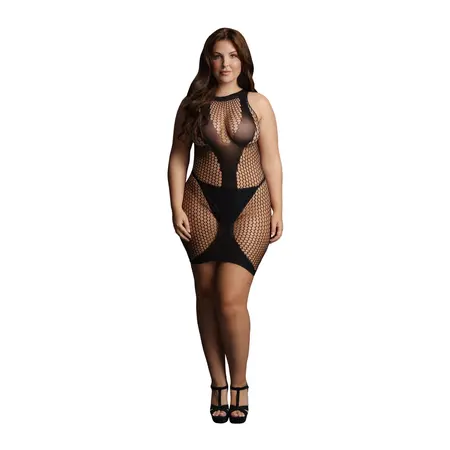 Leg Avenue Plus Size Visoki Vrat Mrežasta Mini Haljina sa V Akcentom, Crna