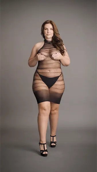 Chilirose Plus Size Visoki Čipkani Vrat Mrežasta Mini Haljina XXL-5XL Crna