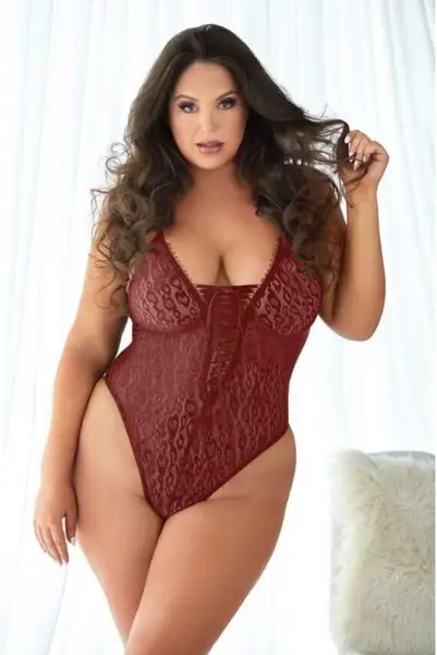 Dreamgirl Leopard Lace Teddy Burgundy 1X/2X - Elegant Plus Size Bodysuit