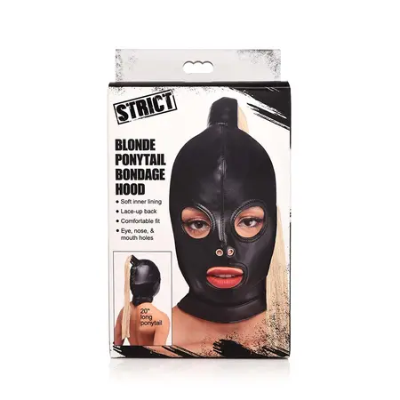 XR Brands Leather Hood Mask with Blonde Synthetic Ponytail - Adjustable Fit