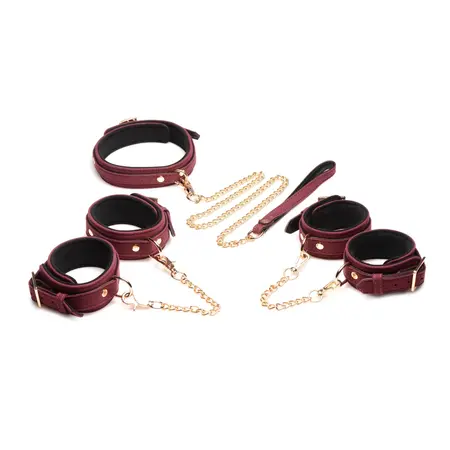 XR Brands 6-delni somot burgundy BDSM set sa podesivim lisicama i ogrlicom