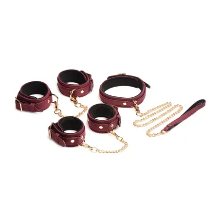 XR Brands 6-delni somot burgundy BDSM set sa podesivim lisicama i ogrlicom