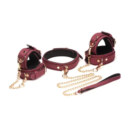 XR Brands 6-delni somot burgundy BDSM set sa podesivim lisicama i ogrlicom