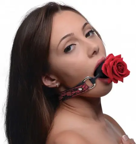 XR Brands Full Bloom Silicone Ball Gag Red-Black Rose Adjustable Strap