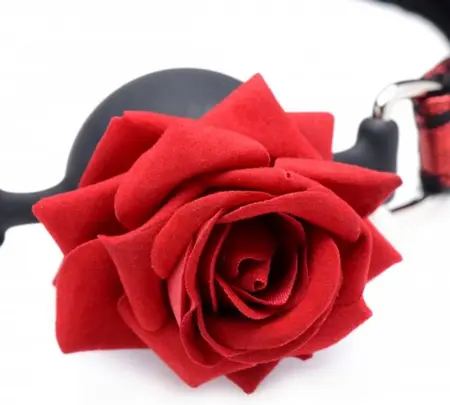 XR Brands Full Bloom Silicone Ball Gag Red-Black Rose Adjustable Strap