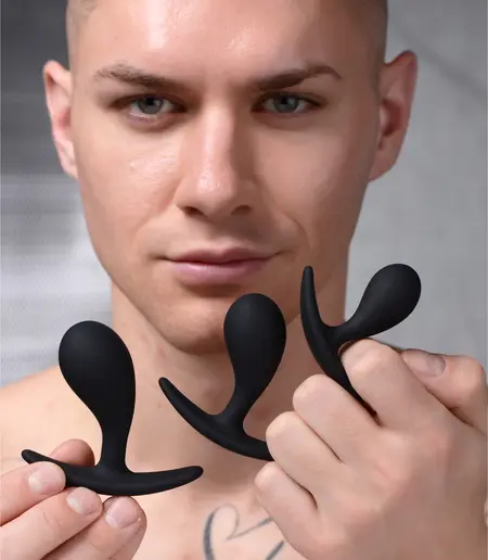 XR Brands Dark Droplets 3-delo Zakrivljeni Analni Trener Set Crni Silikon