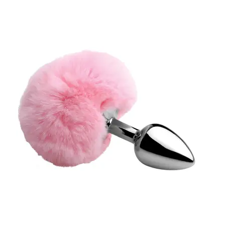 XR Brands Fluffy Bunny Tail Pink - Compact Metal Plug with Soft Pom Pom