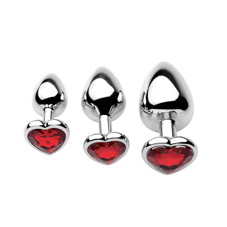 XR Brands Red Jewel Metal Plug Set 3 Sizes - Aluminum, Red Heart Base