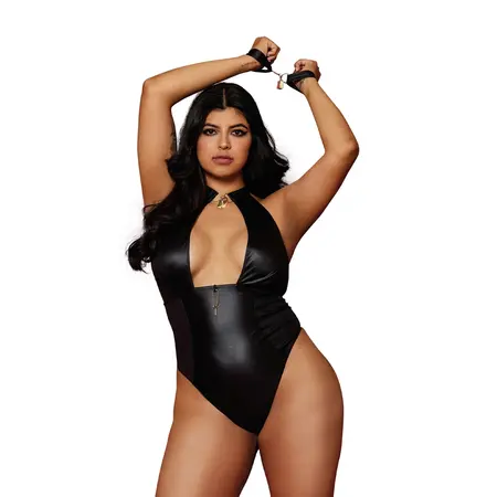 Fetish Dijamantska Plus Veličina Rastegljivi Teddy i Vezičle Set Crna