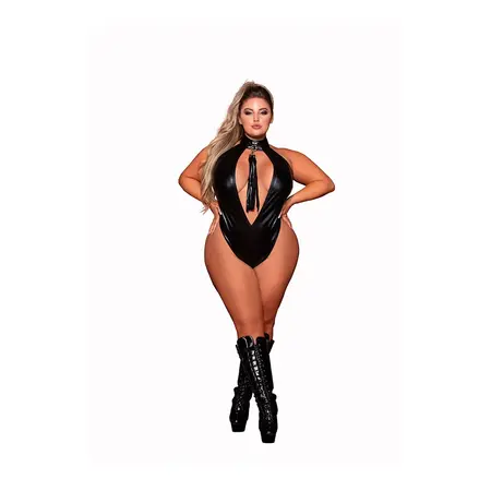 Dreamgirl Plus Size Faux Halter Teddy & Flogger set, crni, podesivo pristajanje
