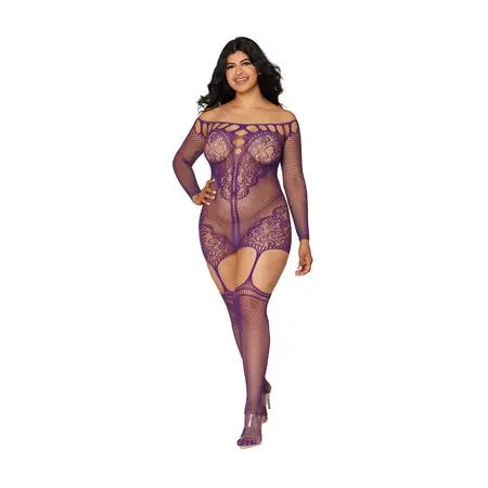 Leg Avenue Plus Size Aubergine Fishnet Garter Dress with Lace Detail
