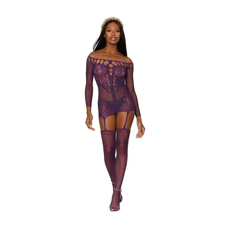 Leg Avenue Diamond Garter Dress Aubergine One Size Fishnet Lace
