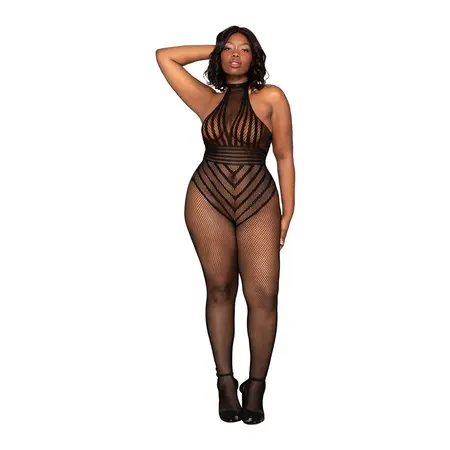 Dreamgirl Ribani plus size crni bodystocking teddy - rastezljivi mrežasti dizajn