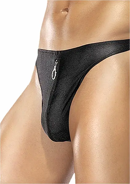 Male Power Zipper Thong L/XL Black - Comfort Fit Nylon Spandex Underwear