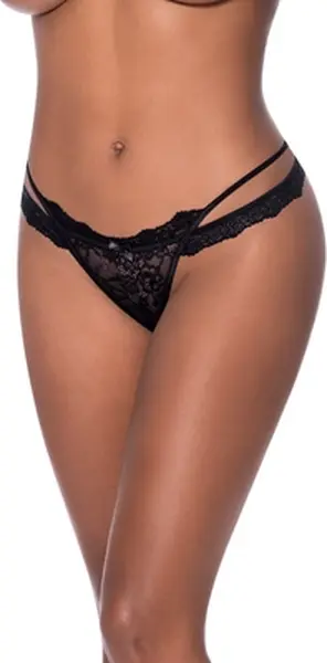 Magic Silk Exposed Cross Strap Cheeky Thong L/XL Black Lace Detail