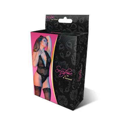 Magic Silk Deep Look Halter Teddy L/XL Black - Elegant Plunge Design