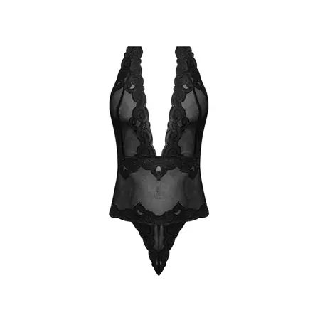 Magic Silk Deep Look Halter Teddy L/XL Black - Elegant Plunge Design