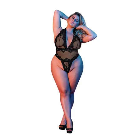 Magic Silk Deep Look Halter Teddy 2X Black - Elegant Plunge Bodysuit