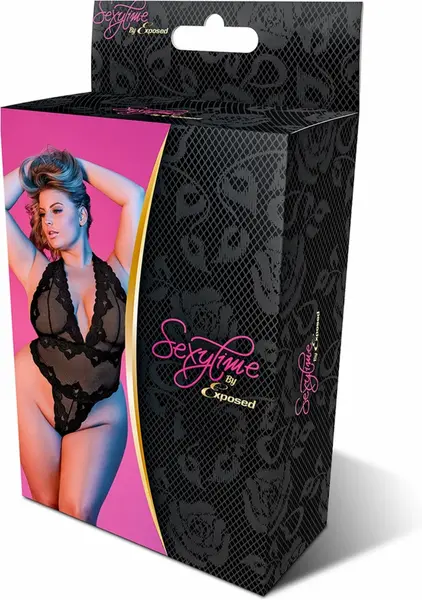 Magic Silk Deep Look Halter Teddy 2X Black - Elegant Plunge Bodysuit